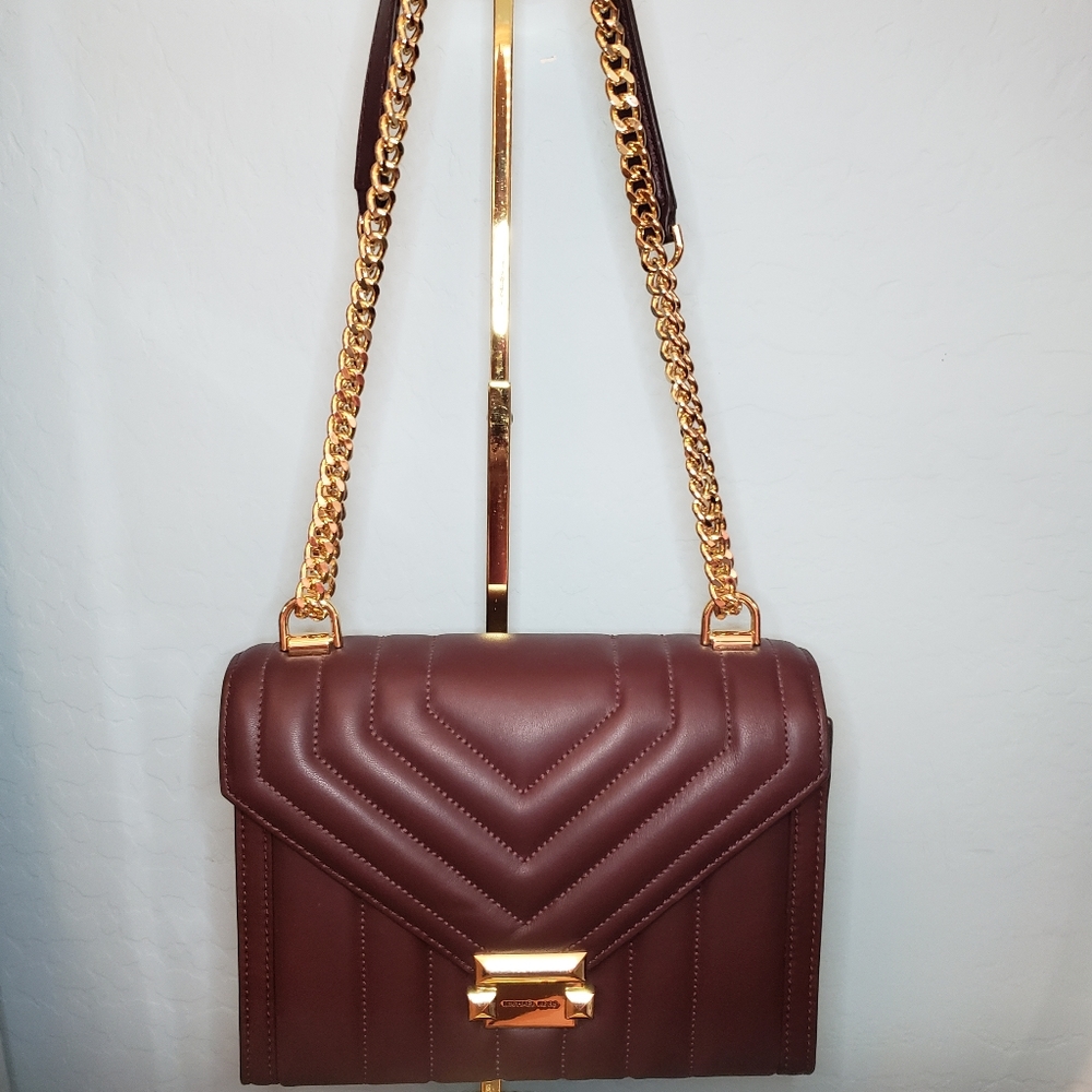 NWOT Michael Kors Whitney Quilted Leather Convertible Bag Burgundy Color